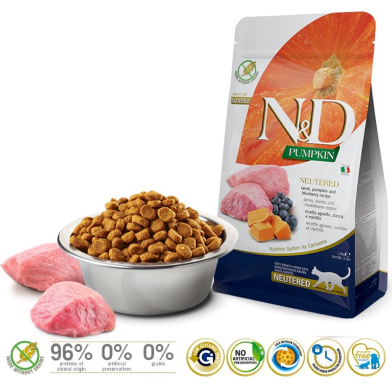 FARMINA N&D Pumpkin Cat Lamb and Blueberry Neutered Adult - dry cat food - 1.5 kg FARMINA N&D Pumpkin Cat Lamb and Blueberry Neutered Adult - dry cat food - 1.5 kg