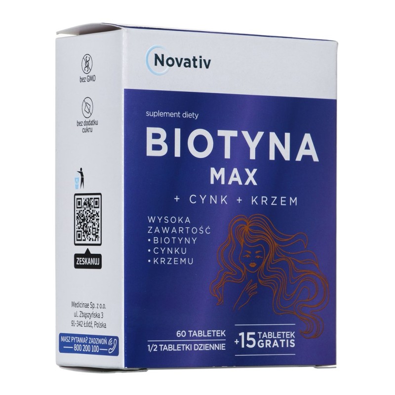 Novativ Biotin MAX+Cync+Silicon 60 tablets + 15 tablets free of charge Novativ Biotin MAX+Cync+Silicon 60 tablets + 15 tablets free of charge