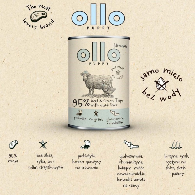 OLLO Puppy Umami Beef and Green Tripe with Duck Liver - wet dog food - 400g OLLO Puppy Umami Beef and Green Tripe with Duck Liver - wet dog food - 400g