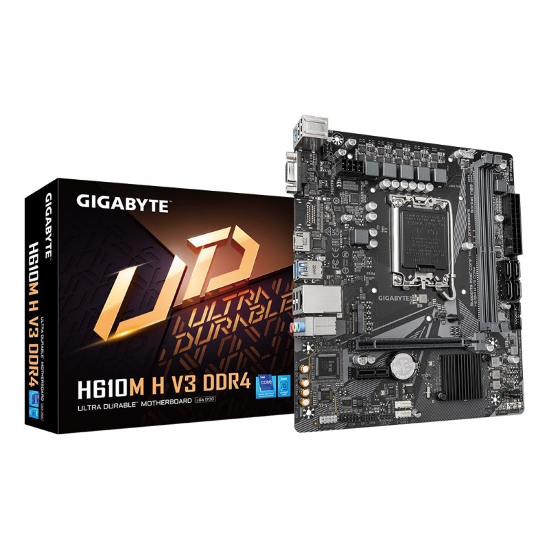 GIGABYTE H610M H V3 DDR4 Motherboard - Supports Intel Core 14th CPUs, 4+1+1 Hybrid Phases Digital VRM, up to 3200MHz DDR4, 1xPCIe 3.0 M.2, GbE LAN, USB 3.2 Gen 1 GIGABYTE H610M H V3 DDR4 Motherboard - Supports Intel Core 14th CPUs, 4+1+1 Hybrid Phases Digital VRM, up to 3200MHz DDR4, 1xPCIe 3.0 M.2, GbE LAN, USB 3.2 Gen 1