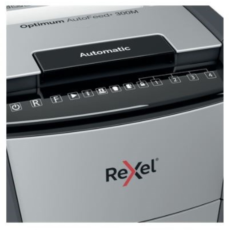 Rexel AutoFeed+ 300M automatic shredder, P-5, micro cut (2x15mm), 300 sheets, 60 litre bin Rexel AutoFeed+ 300M automatic shredder, P-5, micro cut (2x15mm), 300 sheets, 60 litre bin