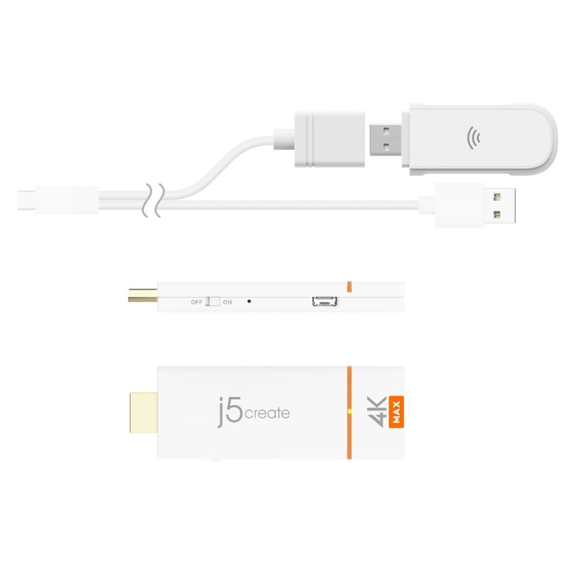 Adapter do bezprzewodowego przesyłania obrazu i dźwięku j5create Screencast 4K HDMI Wireless Display Adapter, Miracast/AirPlay/Chromecast, Admin Gateway Password, Double Antennas, kolor biały JVAW76MAX-N Adapter do bezprzewodowego przesyłania obrazu i dźwięku j5create Screencast 4K HDMI Wireless Display Adapter, Miracast/AirPlay/Chromecast, Admin Gateway Password, Double Antennas, kolor biały JVAW76MAX-N