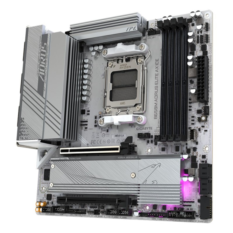 GIGABYTE B650M AORUS ELITE AX ICE Motherboard - AMD Ryzen 9000 Series CPUs, 12+2+2 Phases VRM, up to 8000MHz DDR5 (OC), 1xPCIe 5.0 + 1xPCIe 4.0 M.2, 2.5GbE LAN, WIFI 6E, USB 3.2 Gen 2x2 GIGABYTE B650M AORUS ELITE AX ICE Motherboard - AMD Ryzen 9000 Series CPUs, 12+2+2 Phases VRM, up to 8000MHz DDR5 (OC), 1xPCIe 5.0 + 1xPCIe 4.0 M.2, 2.5GbE LAN, WIFI 6E, USB 3.2 Gen 2x2