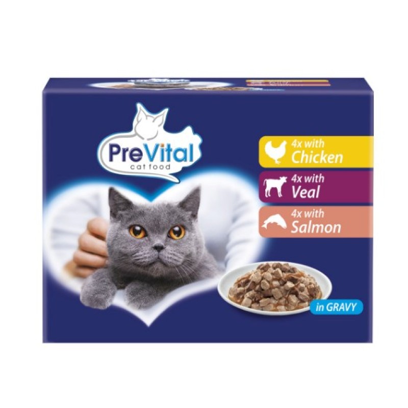 PREVITAL Cat Food Mix of Flavors Chicken, Veal, Salmon in Gravy - Wet Cat Food - 12 x 100g