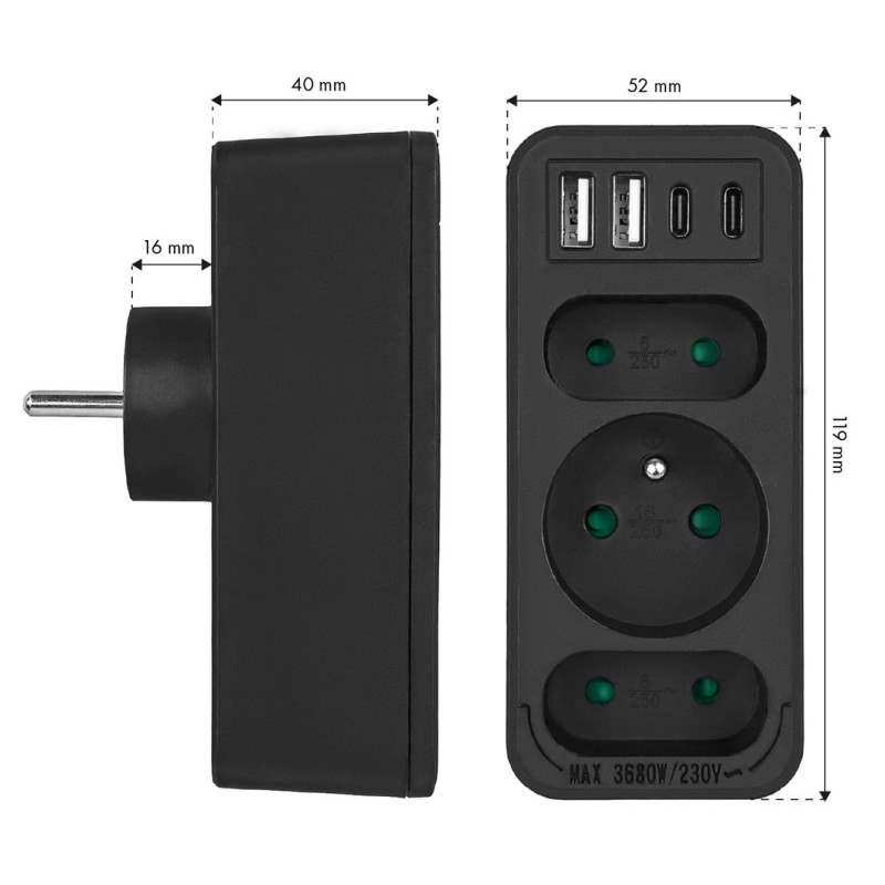 Current socket x3 + 4xUSB Maclean, splitter with 3 sockets, 2xUSB A, 2xUSB C PD 20W, 1x16A + 2x6A, MCE248 F/B Current socket x3 + 4xUSB Maclean, splitter with 3 sockets, 2xUSB A, 2xUSB C PD 20W, 1x16A + 2x6A, MCE248 F/B