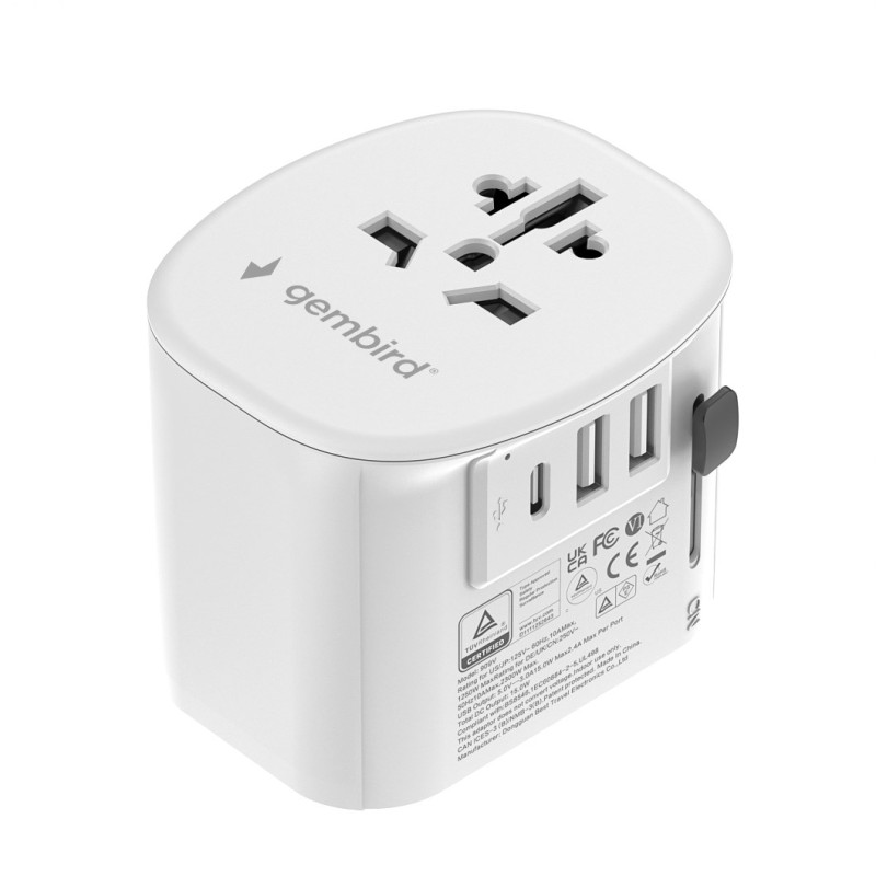 Gembird TPA-EU2A1C15-01-W Grounded universal travel power adapter, 15 W, white