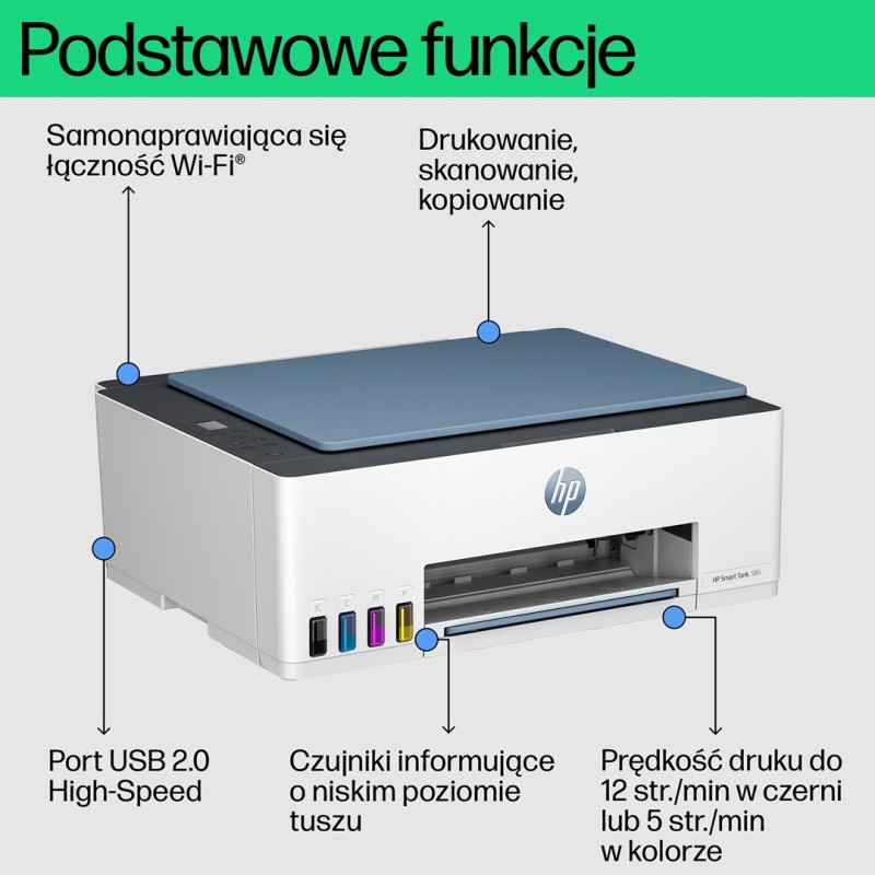 HP Smart Tank 585 All-in-One Printer, Home and home office, Print, copy, scan, Wireless; High-volume printer tank; Print from phone or tablet; Scan to PDF HP Smart Tank 585 All-in-One Printer, Home and home office, Print, copy, scan, Wireless; High-volume printer tank; Print from phone or tablet; Scan to PDF