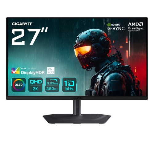 GIGABYTE MO27Q2A 27” OLED 2K QHD Gaming Monitor - 2560 x 1440, 280Hz, 0.03ms, 250 cd/m², FreeSync Premium Pro, DisplayHDR True Black 400, HDMI 2.1, Displayport 1.4