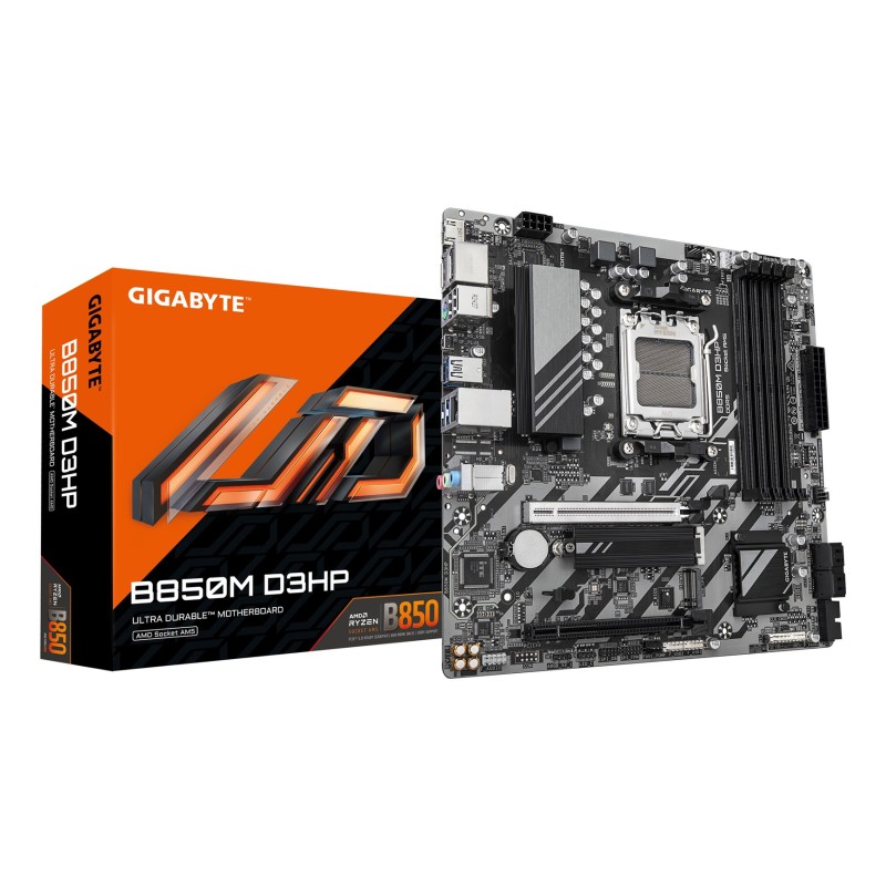 GIGABYTE B850M D3HP Motherboard - AMD Ryzen 9000 Series CPUs, 5+2+2 Phases Digital VRM, up to 8200MHz DDR5 (OC), 1xPCIe 5.0 + 1xPCIe 4.0 M.2, GbE LAN, USB 3.2 Gen 2 GIGABYTE B850M D3HP Motherboard - AMD Ryzen 9000 Series CPUs, 5+2+2 Phases Digital VRM, up to 8200MHz DDR5 (OC), 1xPCIe 5.0 + 1xPCIe 4.0 M.2, GbE LAN, USB 3.2 Gen 2