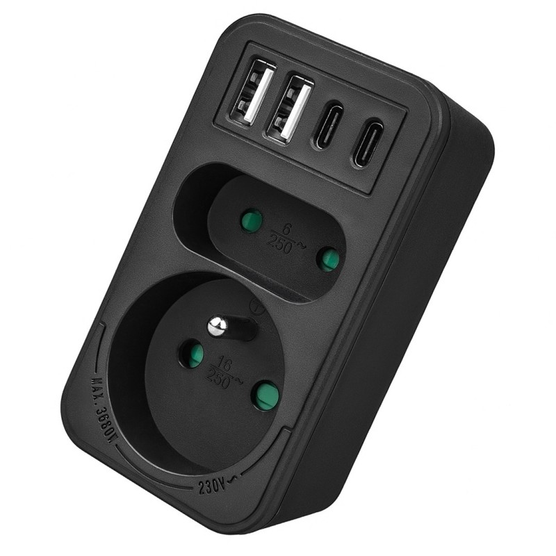 Maclean current socket x2 + 4xUSB, splitter with 2 sockets, 2xUSB A, 2xUSB C PD 20W, 1x16A + 1x6A, MCE249 F/B Maclean current socket x2 + 4xUSB, splitter with 2 sockets, 2xUSB A, 2xUSB C PD 20W, 1x16A + 1x6A, MCE249 F/B