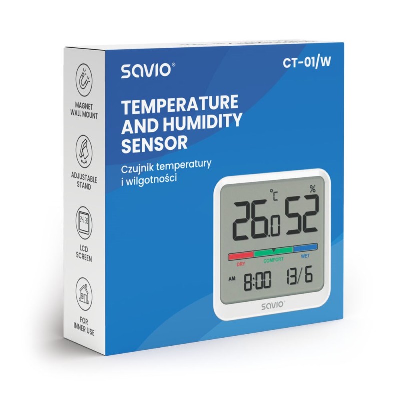 SAVIO Wireless weather station, temperature and humidity sensor, for indoor use, LCD screen, clock, date, handle with magnet, CT-01/W White SAVIO Wireless weather station, temperature and humidity sensor, for indoor use, LCD screen, clock, date, handle with magnet, CT-01/W White