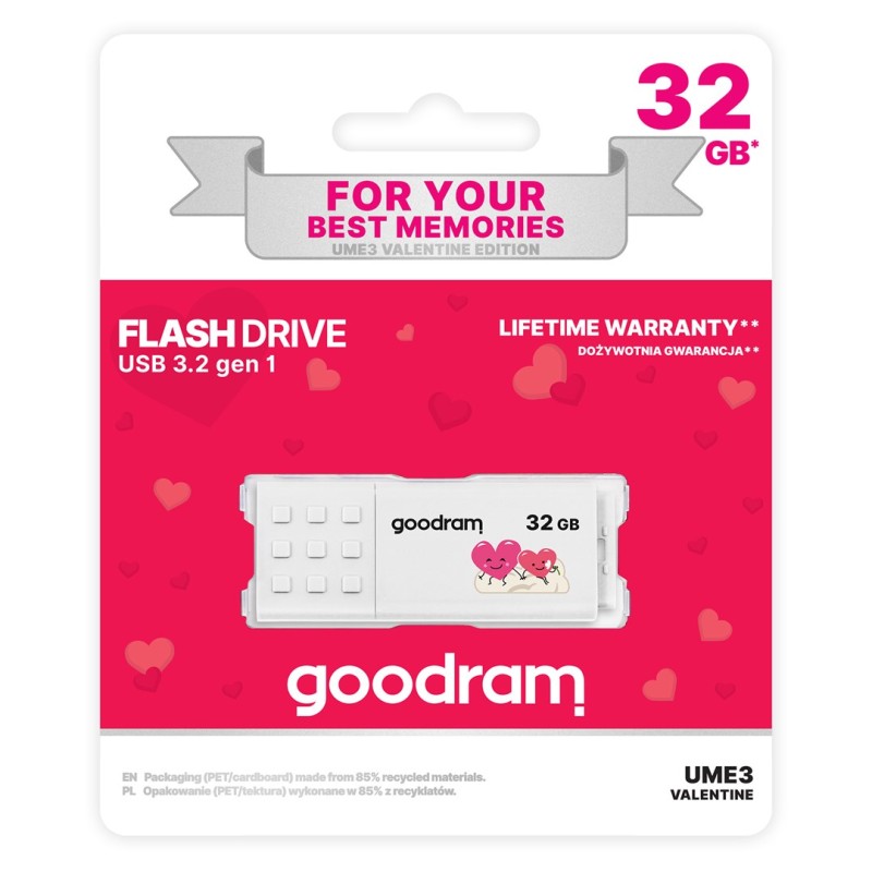 Goodram UME3 Valentine USB flash drive 32 GB USB Type-A 3.2 Gen 1 (UME3-0320W0R11-V) White Goodram UME3 Valentine USB flash drive 32 GB USB Type-A 3.2 Gen 1 (UME3-0320W0R11-V) White