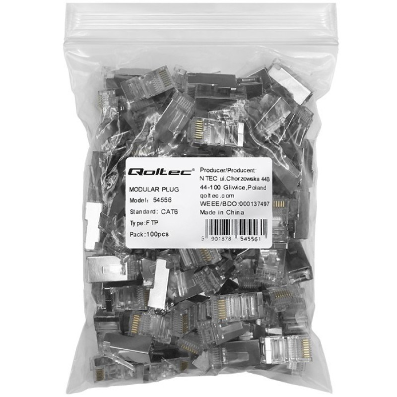 Qoltec 54556 RJ45 modular connector | CAT6 | FTP |Gold-plated contacts | 100 pieces Qoltec 54556 RJ45 modular connector | CAT6 | FTP |Gold-plated contacts | 100 pieces