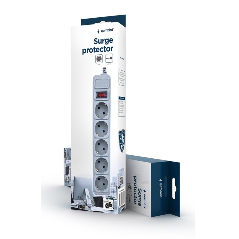 Gembird SPG3-B-15C Surge protector, 5 schuko sockets, 4.5m, grey