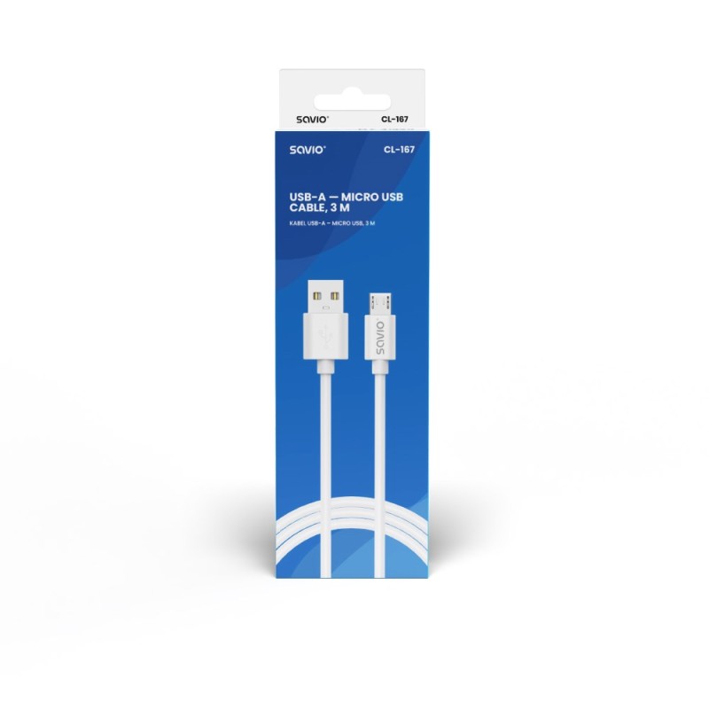 USB cable 3 m USB 2.0, USB A - Micro USB White SAVIO CL-167 USB cable 3 m USB 2.0, USB A - Micro USB White SAVIO CL-167