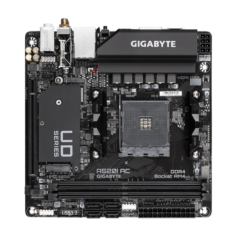GIGABYTE A520I AC Motherboard - Supports AMD Ryzen 5000 Series AM4 CPUs, 6 Phases Digital VRM, up to 5300MHz DDR4 (OC), 1xPCIe 3.0 M.2, WIFI, GbE LAN, USB 3.2 Gen1 GIGABYTE A520I AC Motherboard - Supports AMD Ryzen 5000 Series AM4 CPUs, 6 Phases Digital VRM, up to 5300MHz DDR4 (OC), 1xPCIe 3.0 M.2, WIFI, GbE LAN, USB 3.2 Gen1