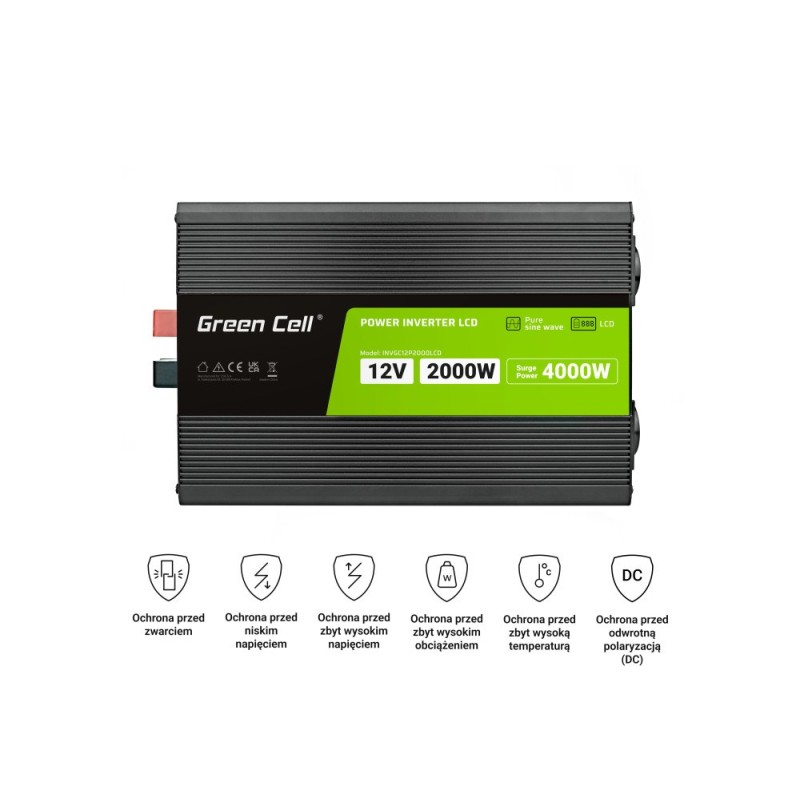 Green Cell PowerInverter LCD 12V to 230V 2000W/40000W car inverter with LCD display - pure sine wave Green Cell PowerInverter LCD 12V to 230V 2000W/40000W car inverter with LCD display - pure sine wave