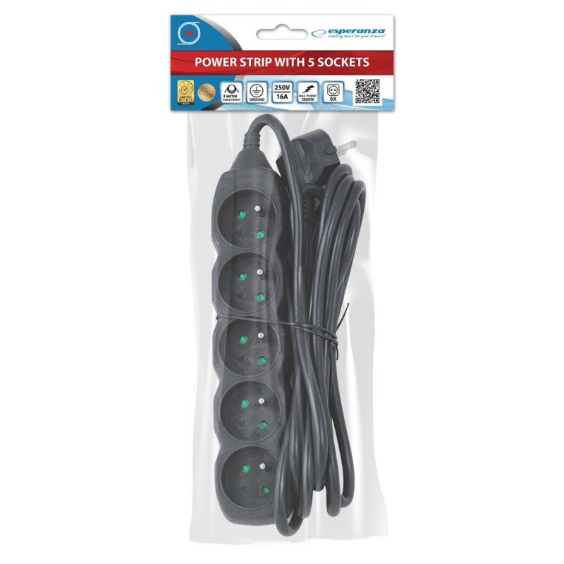 Esperanza ELK208K Power strip 5GN/3M Black