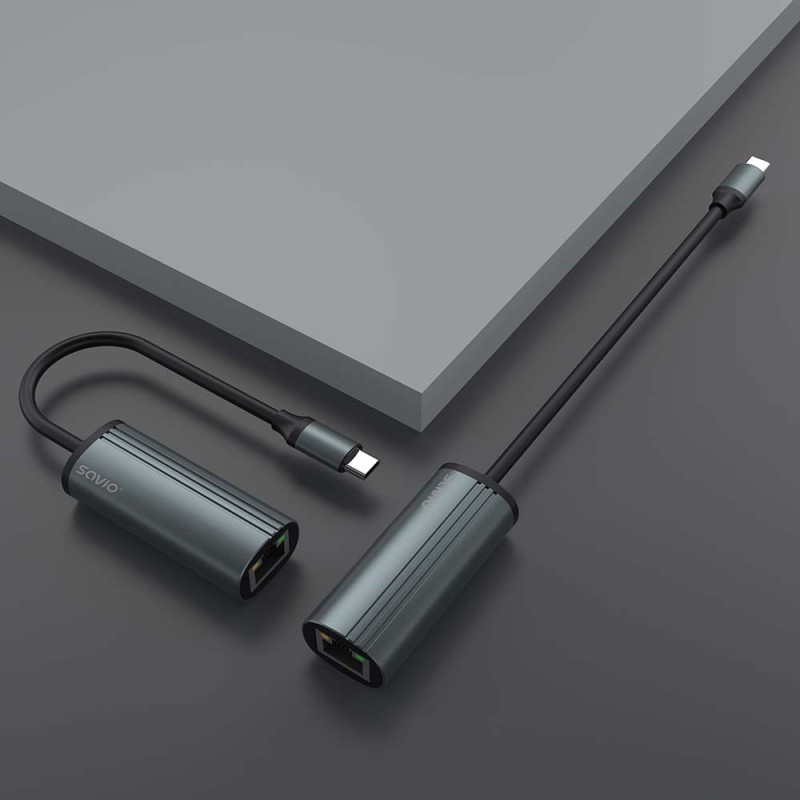 SAVIO Adapter USB-C 3.1 Gen.1 (M) to RJ-45 Gigabit Ethernet (F), 1000 Mbps, AK-56, grey SAVIO Adapter USB-C 3.1 Gen.1 (M) to RJ-45 Gigabit Ethernet (F), 1000 Mbps, AK-56, grey