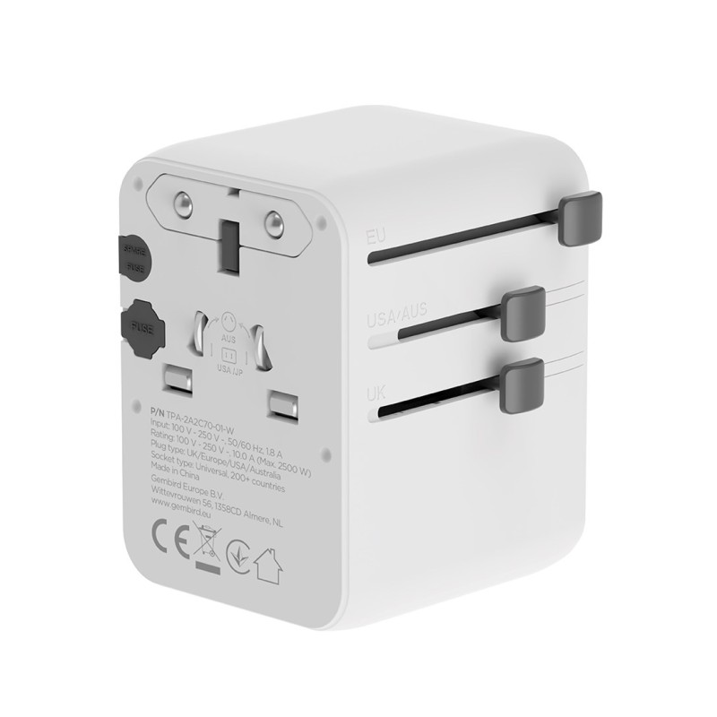 Gembird TPA-2A3C70-01-W Universal travel power adapter, 70 W, white