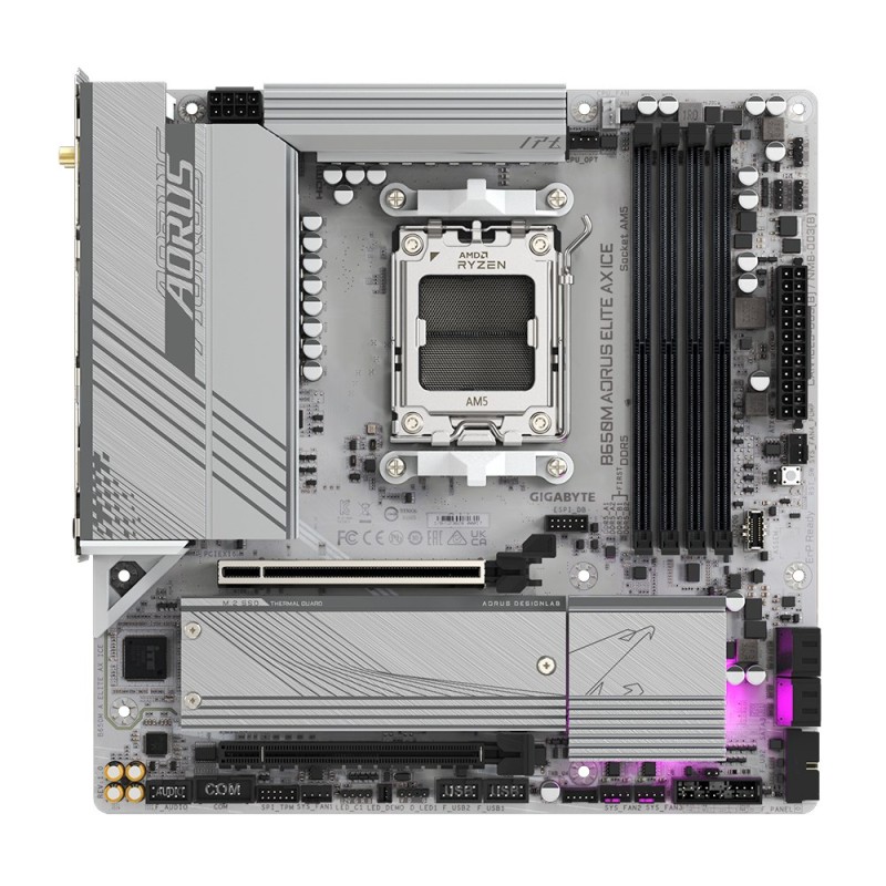 GIGABYTE B650M AORUS ELITE AX ICE Motherboard - AMD Ryzen 9000 Series CPUs, 12+2+2 Phases VRM, up to 8000MHz DDR5 (OC), 1xPCIe 5.0 + 1xPCIe 4.0 M.2, 2.5GbE LAN, WIFI 6E, USB 3.2 Gen 2x2 GIGABYTE B650M AORUS ELITE AX ICE Motherboard - AMD Ryzen 9000 Series CPUs, 12+2+2 Phases VRM, up to 8000MHz DDR5 (OC), 1xPCIe 5.0 + 1xPCIe 4.0 M.2, 2.5GbE LAN, WIFI 6E, USB 3.2 Gen 2x2