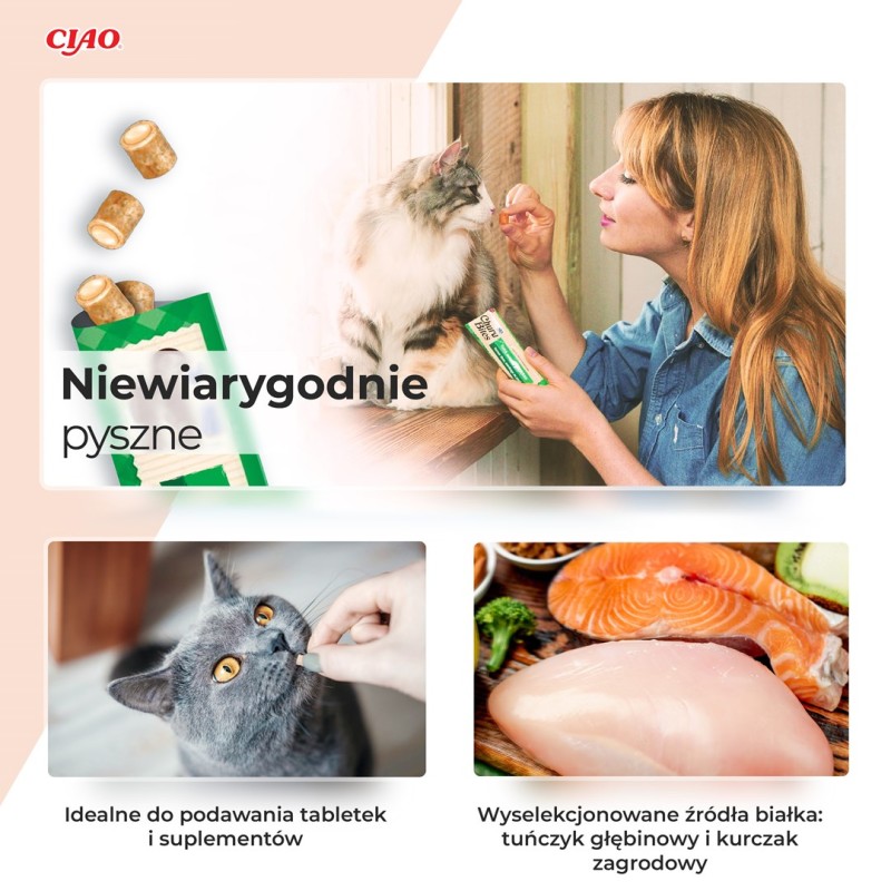 INABA Churu Bites Chicken with tuna and salmon - cat treats - 3x10 g INABA Churu Bites Chicken with tuna and salmon - cat treats - 3x10 g