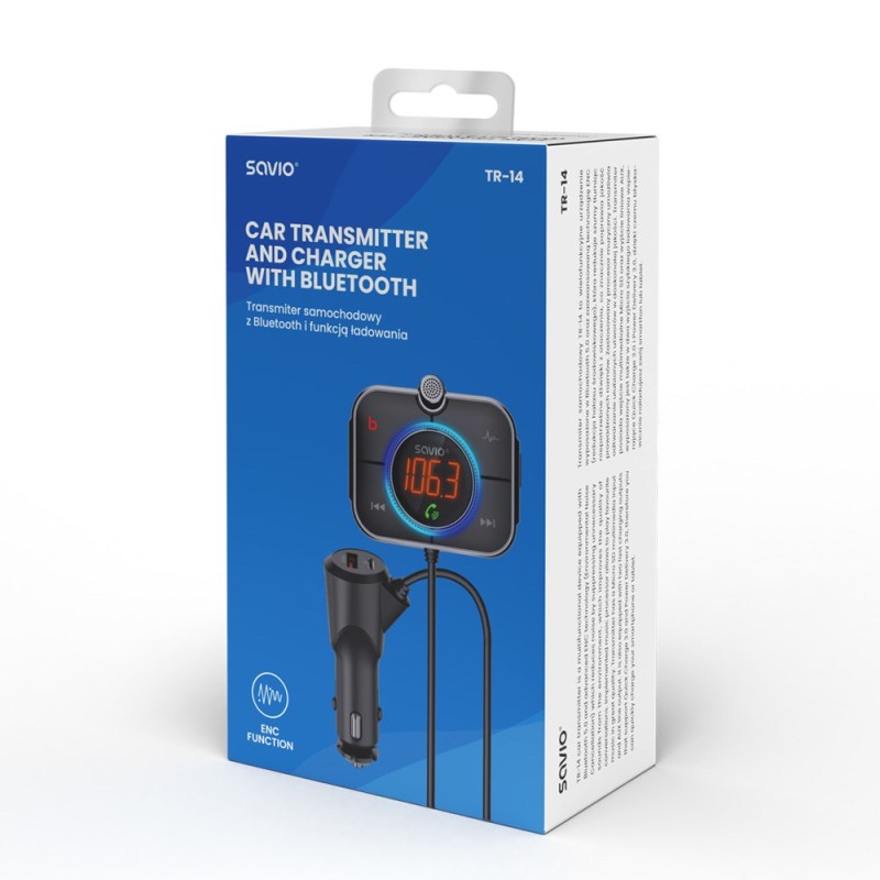 SAVIO FM transmitter, Bluetooth 5.0, QC/PD 3.0 charger, ENC, AUX OUT, Micro SD, TR-14, black SAVIO FM transmitter, Bluetooth 5.0, QC/PD 3.0 charger, ENC, AUX OUT, Micro SD, TR-14, black
