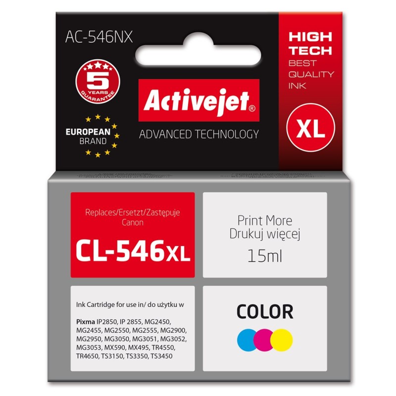 Activejet AC-546NX Printer Ink for Canon, Replacement Canon CL-546XL; Supreme; 15 ml; colour, cyan, magenta, yellow Activejet AC-546NX Printer Ink for Canon, Replacement Canon CL-546XL; Supreme; 15 ml; colour, cyan, magenta, yellow