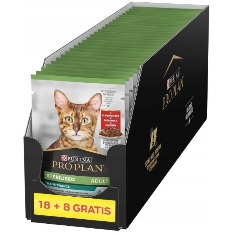 PURINA Pro Plan Sterilised Adult Maintenance Pieces with beef in sauce - wet cat food - 26x85g (18 + 8 GRATIS)