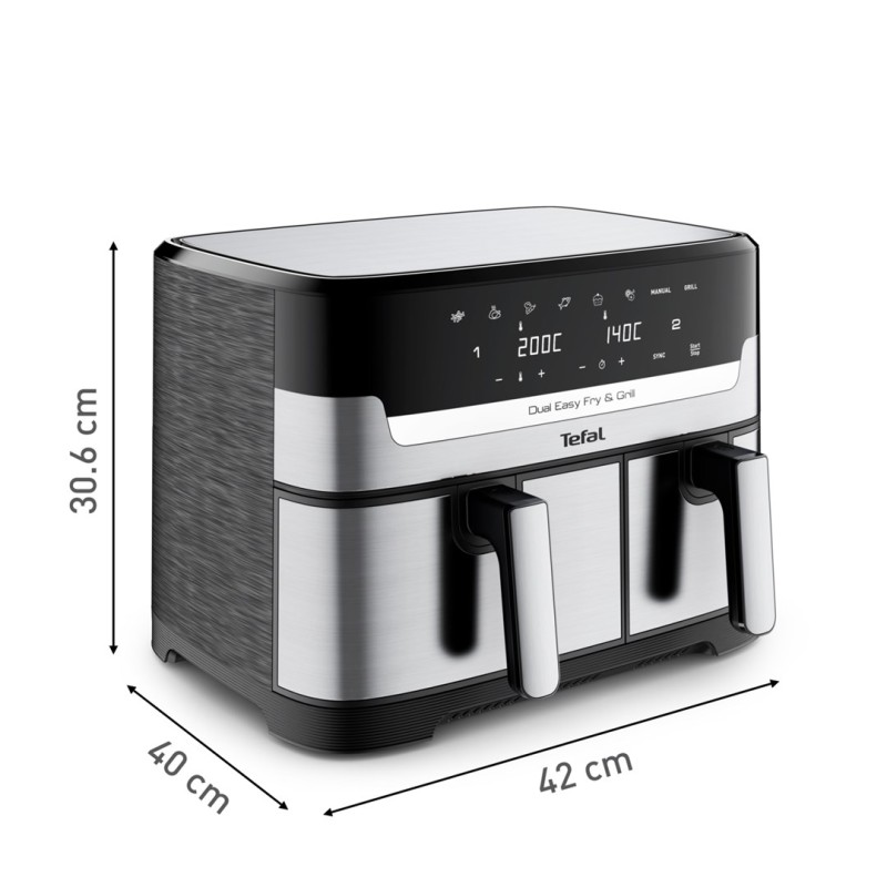 Tefal Dual Easy Fry & Grill EY905D Double 8.3 L Stand-alone 2700 W Hot air fryer Stainless steel Tefal Dual Easy Fry & Grill EY905D Double 8.3 L Stand-alone 2700 W Hot air fryer Stainless steel