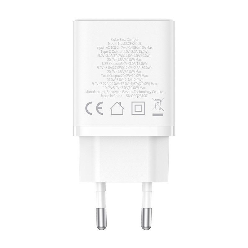 Baseus P10111404213-00 Cube USB-C / USB-A 30W mains charger White Baseus P10111404213-00 Cube USB-C / USB-A 30W mains charger White