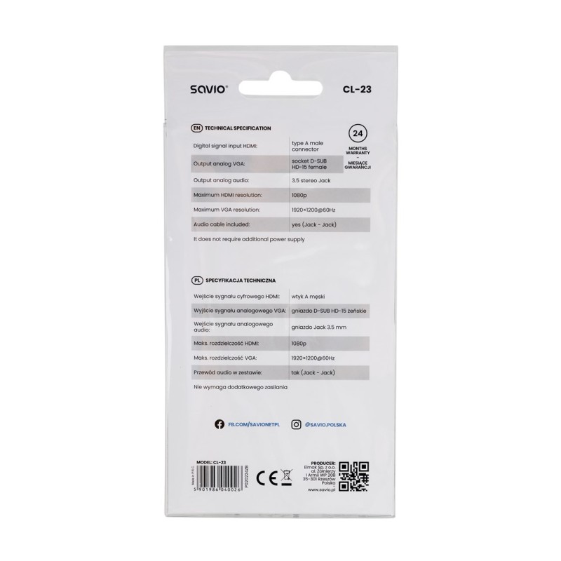 Savio CL-23 video cable adapter 0.5 m VGA (D-Sub) HDMI Type A (Standard) Black Savio CL-23 video cable adapter 0.5 m VGA (D-Sub) HDMI Type A (Standard) Black