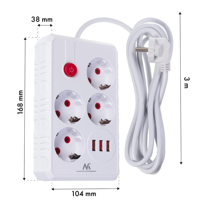 Maclean power strip, 4-socket extension cable + 3xUSB, 110-240V AC 50/60Hz, 2.1A max 2500W, 3m, white, MCE393 W