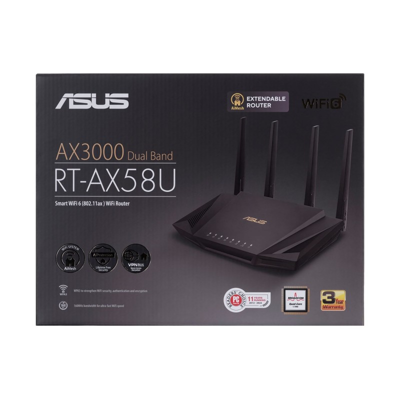 ASUS RT-AX58U wireless router Gigabit Ethernet Dual-band (2.4 GHz / 5 GHz) ASUS RT-AX58U wireless router Gigabit Ethernet Dual-band (2.4 GHz / 5 GHz)