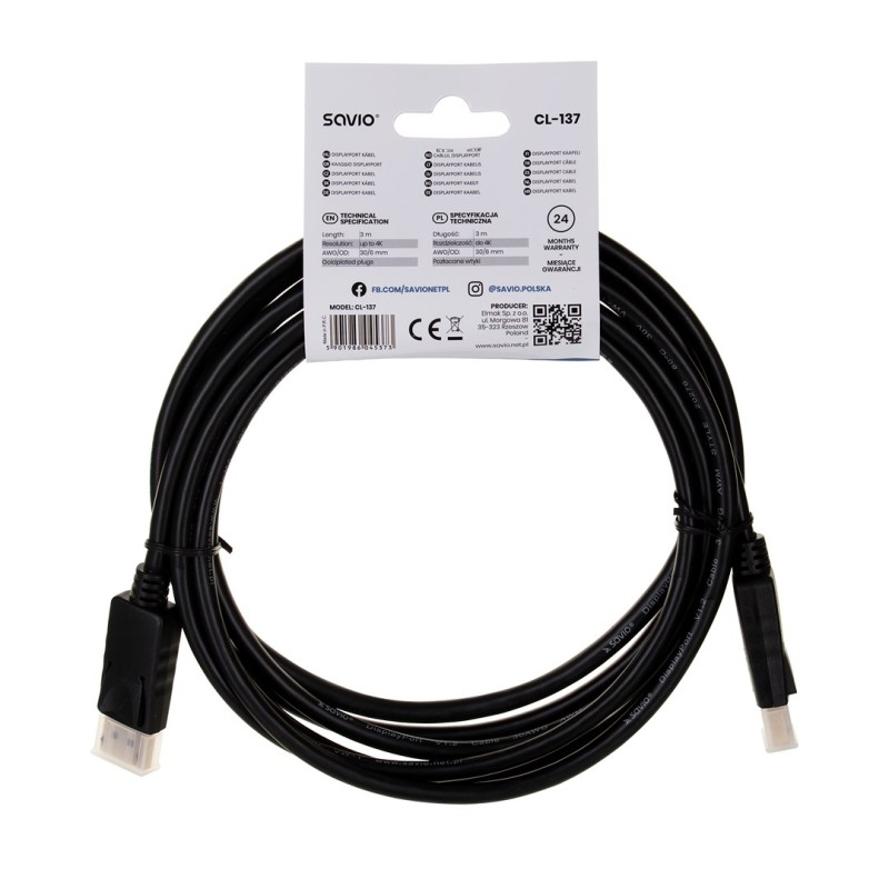 Savio CL-137 DisplayPort cable 3 m Black Savio CL-137 DisplayPort cable 3 m Black