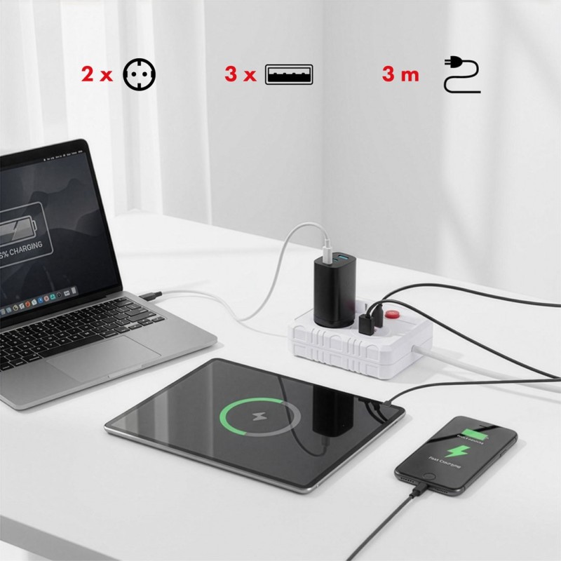 Maclean power strip, extender 2 sockets + 3xUSB, 110-240V AC 50/60Hz, 2.1A max 2500W, 3 m, white, MCE388 W