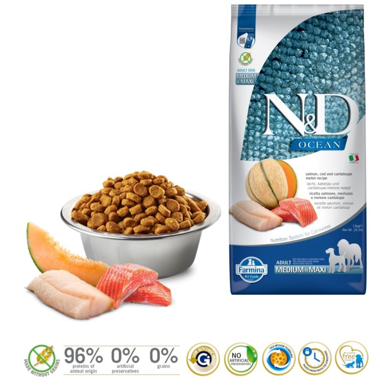 FARMINA N&D Ocean Dog Salmon, Cod, Cantaloupe, Melon Adult Medium&Maxi - dry dog food - 12 kg FARMINA N&D Ocean Dog Salmon, Cod, Cantaloupe, Melon Adult Medium&Maxi - dry dog food - 12 kg