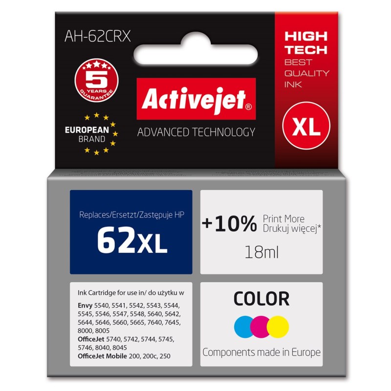 Activejet AH-62CRX ink (replacement for HP 62XL C2P07AE; Premium; 18 ml; color)
