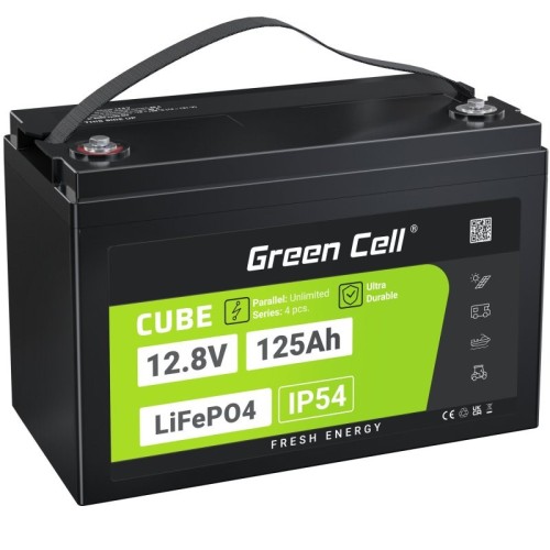 Green Cell Žalias Cell CUBE LiFePO4 125Ah 12,8V 1600Wh liio geležies fosfato baterija kemperiui, sauls energijai, neprijungtai prie tinklo, laivui Lithium Iron Phosphate (LiFePO4) 12.8 V