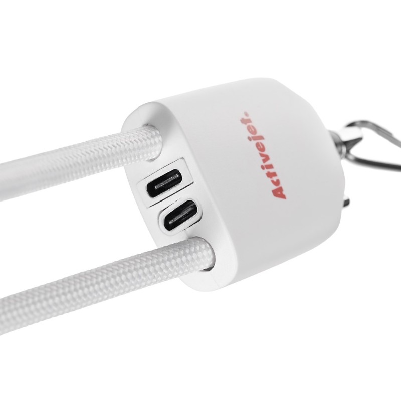 Activejet lanyard with 3-in-1 charging cable, white. Ends with various connectors: USB-C, Lightning adapter, USB-A Activejet lanyard with 3-in-1 charging cable, white. Ends with various connectors: USB-C, Lightning adapter, USB-A