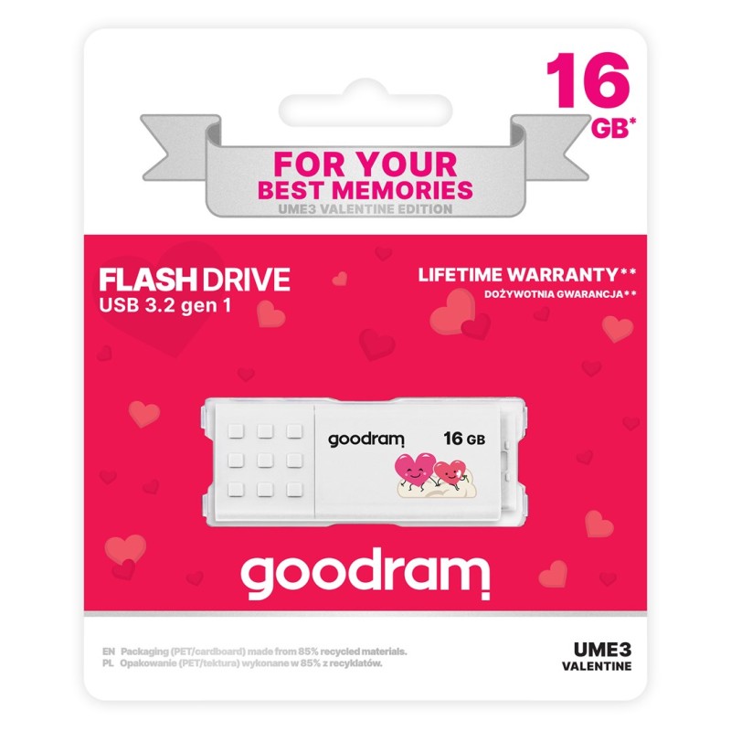 Goodram UME3 Valentine USB flash drive 16 GB USB Type-A 3.2 Gen 1 (UME3-0160W0R11-V) White Goodram UME3 Valentine USB flash drive 16 GB USB Type-A 3.2 Gen 1 (UME3-0160W0R11-V) White