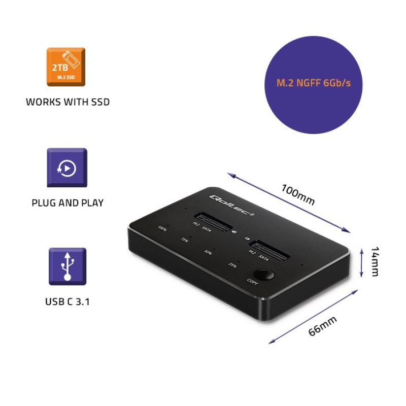 Qoltec 50310 Drive docking station 2x SSD M.2 SATA | NGFF | USB Type C Qoltec 50310 Drive docking station 2x SSD M.2 SATA | NGFF | USB Type C