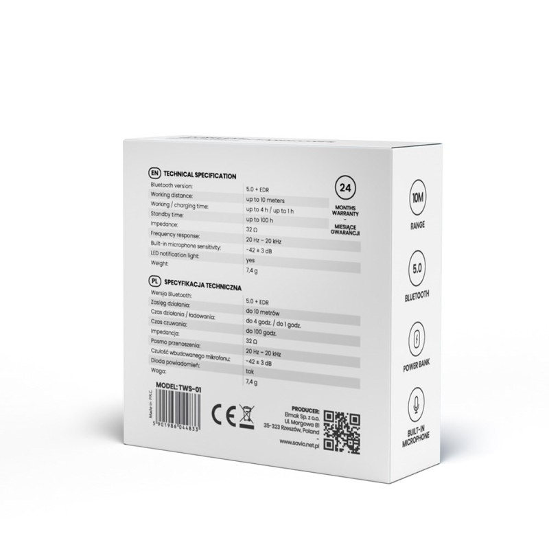 Savio TWS-01 Wireless Bluetooth Earphones, White Savio TWS-01 Wireless Bluetooth Earphones, White