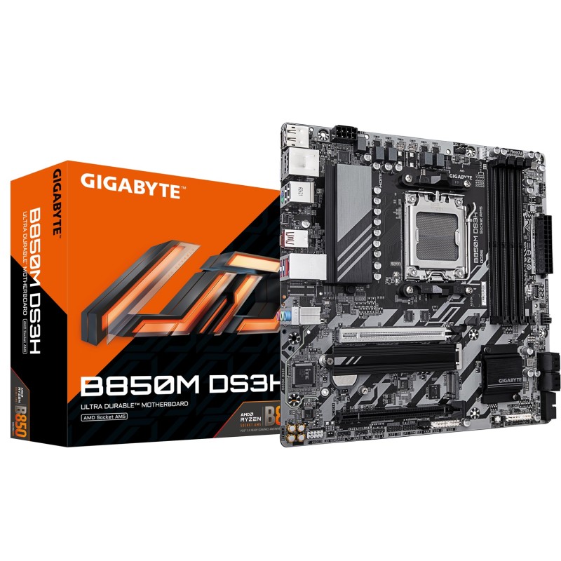 GIGABYTE B850M DS3H Motherboard - AMD Ryzen 9000 Series CPUs, 16+2+2 Phases Digital VRM, up to 8200MHz DDR5 (OC), 1xPCIe 5.0 + 1xPCIe 4.0 M.2, 2.5 LAN, USB 3.2 Gen 2