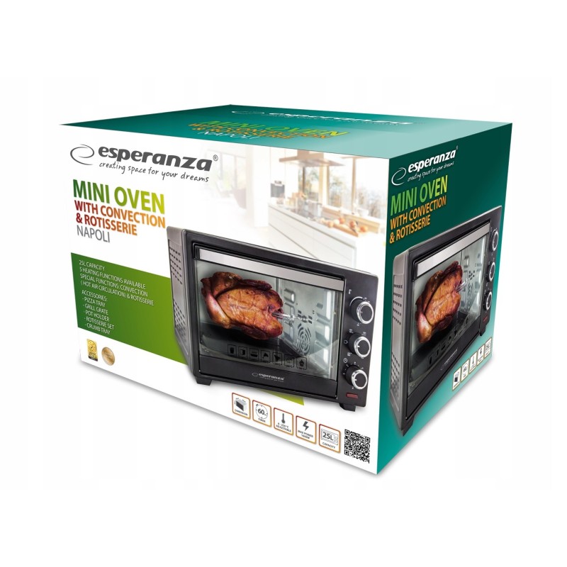 Esperanza EKO006 Mini oven with convection and spit 25 l 1600W Black Esperanza EKO006 Mini oven with convection and spit 25 l 1600W Black