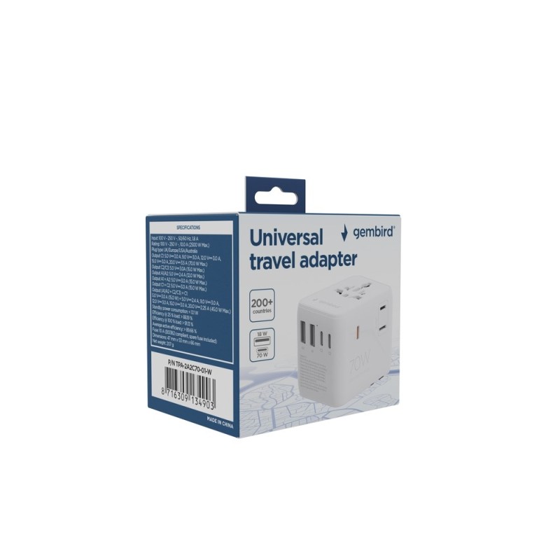 Gembird TPA-2A3C70-01-W Universal travel power adapter, 70 W, white