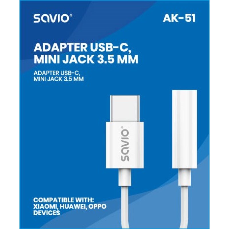 USB Type 3.1 C (M) – Jack 3.5mm (F) Audio adapter White SAVIO AK-51 USB Type 3.1 C (M) – Jack 3.5mm (F) Audio adapter White SAVIO AK-51