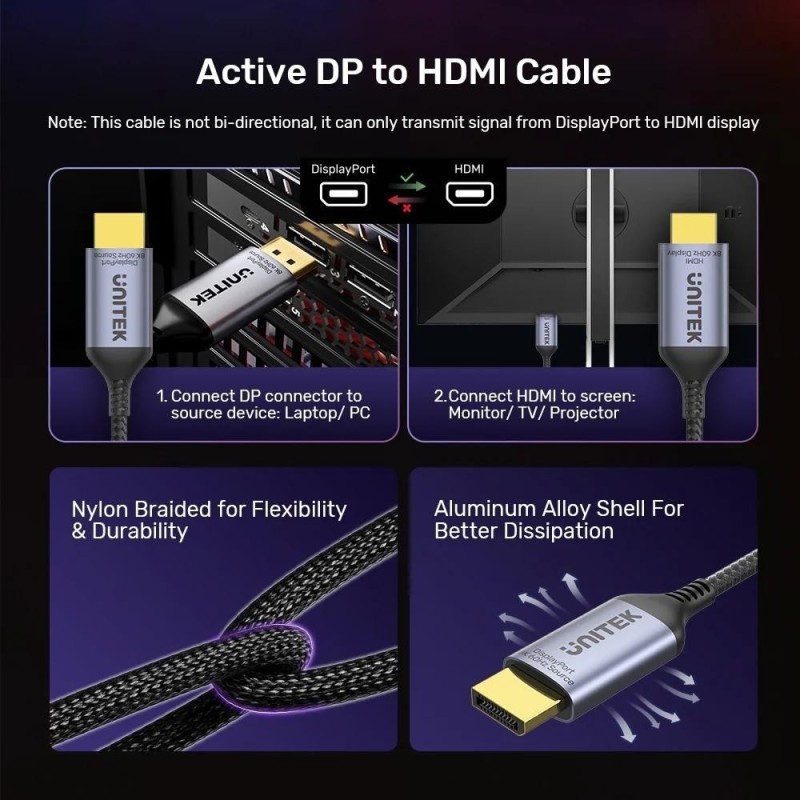 UNITEK CABLE DISPLAYPORT 1.4 TO HDMI 2.1, 8K, 1.8M UNITEK CABLE DISPLAYPORT 1.4 TO HDMI 2.1, 8K, 1.8M