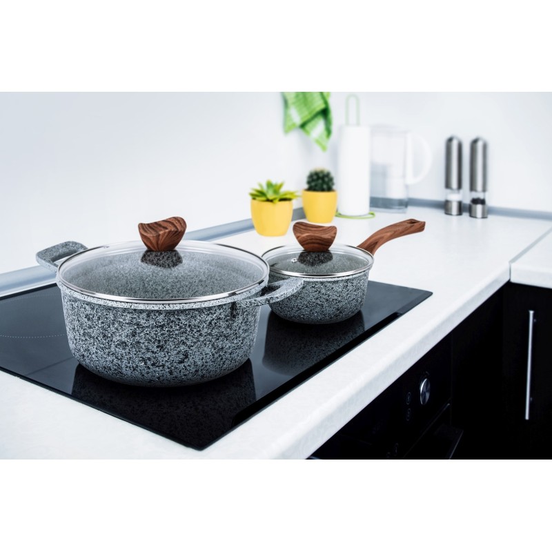 PROMIS Set of pots GRANITE, saucepan 16 cm, pots 20,24,28 brown handles PROMIS Set of pots GRANITE, saucepan 16 cm, pots 20,24,28 brown handles