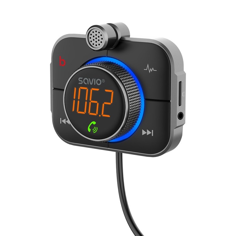 SAVIO FM transmitter, Bluetooth 5.0, QC/PD 3.0 charger, ENC, AUX OUT, Micro SD, TR-14, black SAVIO FM transmitter, Bluetooth 5.0, QC/PD 3.0 charger, ENC, AUX OUT, Micro SD, TR-14, black